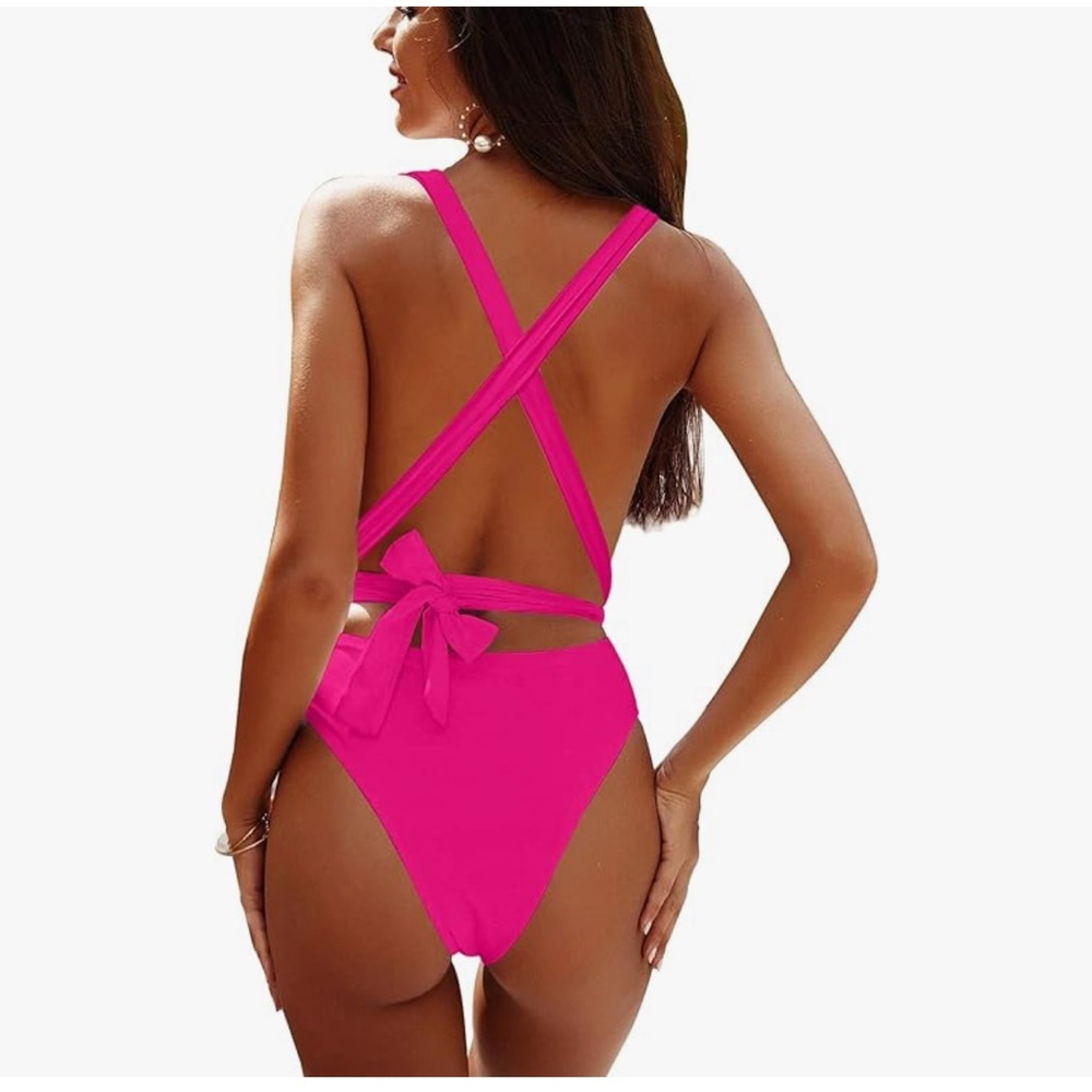 Sexy Pink Tie Criss Cross Plunge One Piece Thong High Cut Brazilian Bathing Suit - Picture 2 of 6